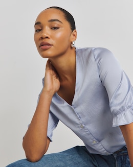 Blue Button Through Satin Blouse - Image