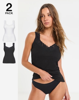 Pretty Secrets (2 Pack) Lace Trim Vests White/Black