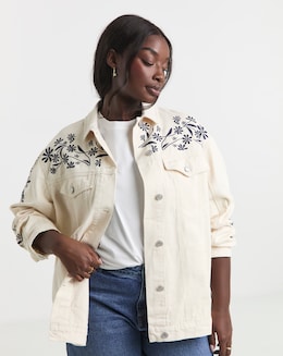 Simply Be Ecru Floral Embroidered Denim Boyfriend Jacket