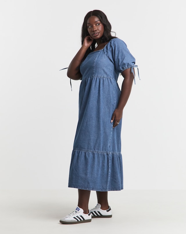 Simply Be Mid Wash Cut Work Mini Denim Smock Dress | JD Williams Simply Be Mid Wash Cut Work Mini Denim Smock Dress | JD Williams