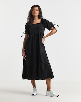 Simply Be Black Midi Shirred Denim Smock Dress