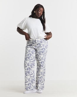 Simply Be Blue Floral Printed Denim Wide Leg Jeans