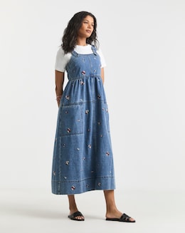 Simply Be Mid Blue Floral Embroidered Denim Apron Dress