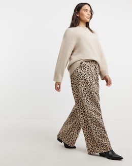 Leopard Print Denim Pleat Wide Leg Jeans
