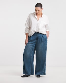 Simply Be Mid Blue Draped Wide Leg Jeans - Image