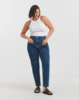 Simply Be Indigo Fruit Salad Embroidered Mom Jeans