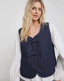 Indigo Tie Front Quilted Denim Gilet - Image
