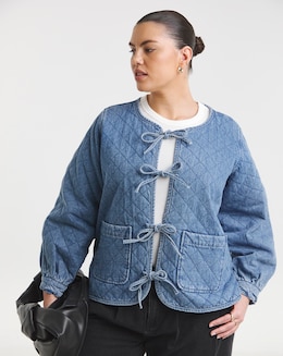 Mid Blue Quilted Tie Front Denim Jacket - Image