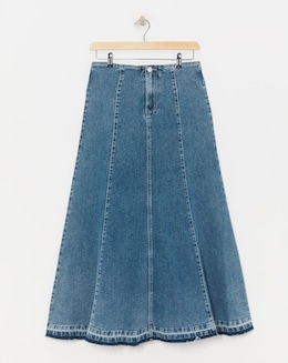 Mid Wash Fit and Flare Denim Maxi Skirt - Image