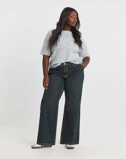 Simply Be Vintage Wash Pleat Detail Wide Leg Jeans