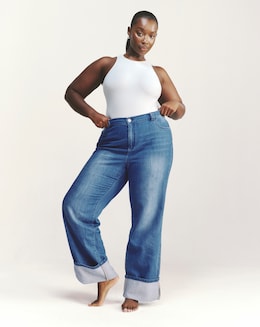 Simply Be Mid Blue Straight Leg Turn Up Drape Jeans