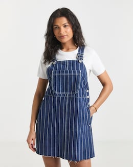 Simply Be Blue Striped Denim Dungaree Mini Dress