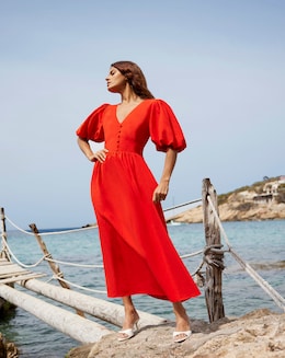 Ro&Zo Linen Blend V Neck Midi Dress - Image