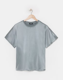 Rib Neck Satin Boxy Blouse - Image