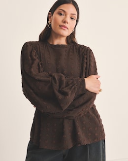 Simply Be Chocolate Dobby Exaggerated Sleeve Blouse