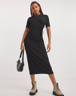 SBE Black Ruched Front Waffle Midi Dress - Image