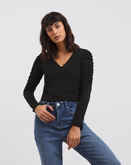 Ruched Shoulder Black Long Sleeve Top - Image