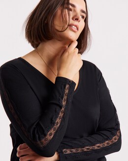 Slash Neck Rib Top with Lace Sleeve - Image