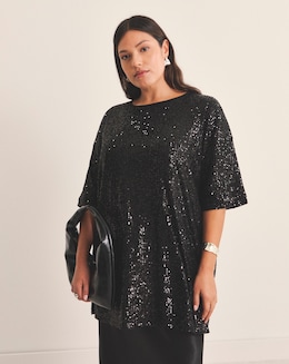 Simply Be Black Linear Sequin Oversized T-Shirt