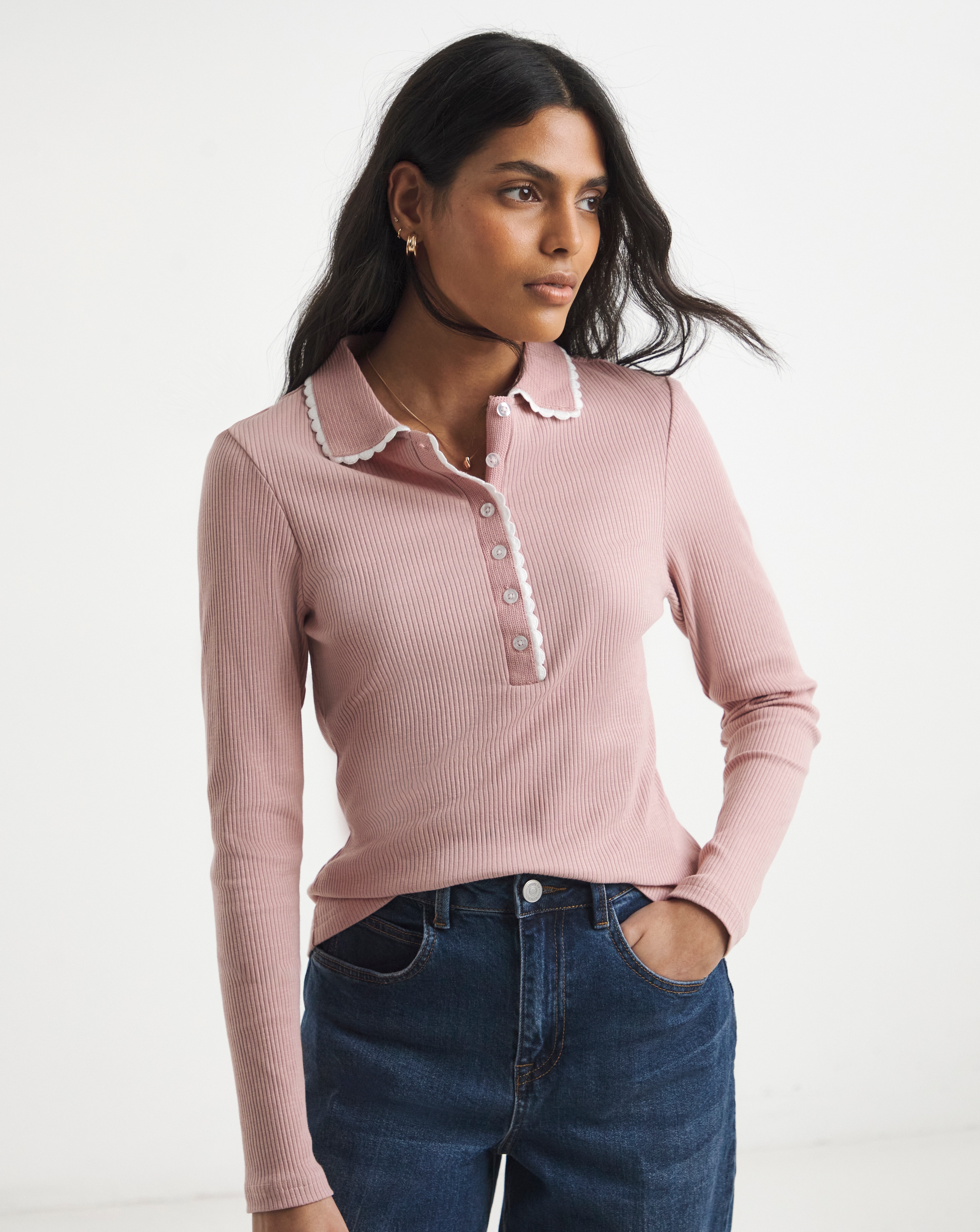 Simply Be Black & White Contrast Tipping Ribbed Polo Top | JD Williams