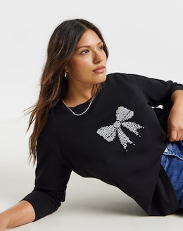 Pearl Bow Detail Long Sleeve T-Shirt - Image