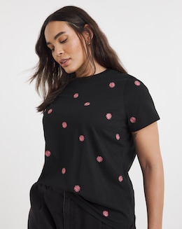 Black &amp; Pink Flower Embroidery T-Shirt