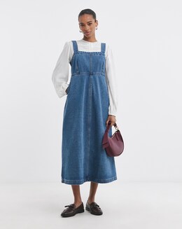 Pure Cotton Mid Blue Denim Apron Dress - Image