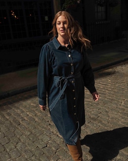 Volume Sleeve Denim Midi Dress - Image