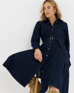 Long Sleeve Denim Belted Midi Dress - Image