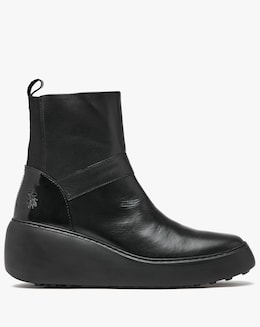 Fly London Doxe Black Leather Wedge Boots