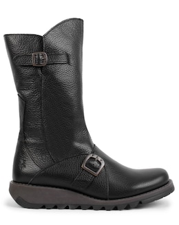 Fly London Mes Black Pebbled Leather Low Wedge Calf Boots