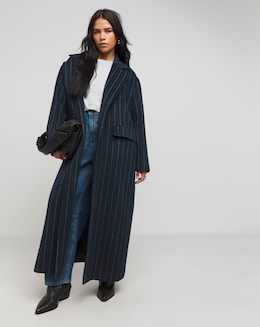 Navy Pinstripe Faux Wool Maxi Coat - Image