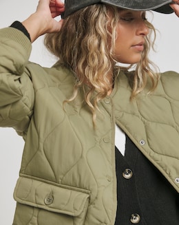 Khaki Round Neck Quilted Jacket - Image