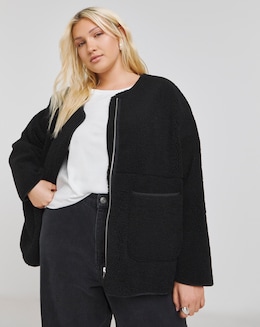 Black Round Neck Borg Jacket - Image