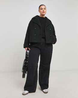 Black Cropped Faux Wool Trench - Image