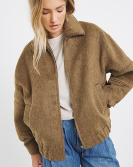 Neutral Faux Wool Seamed Detail Bomber Jacket With Collar