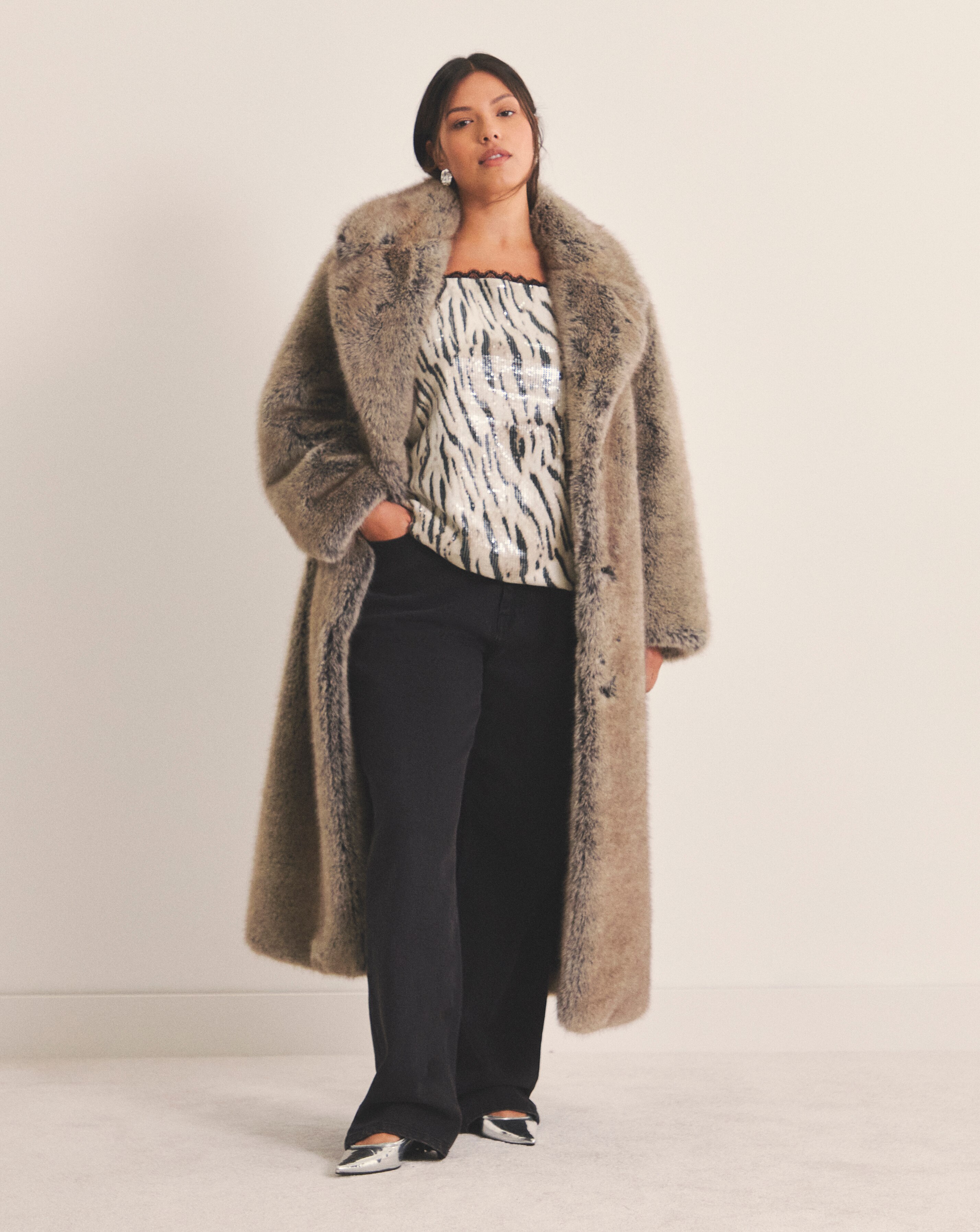 Cream Collarless Shaggy Faux Fur Coat | JD Williams