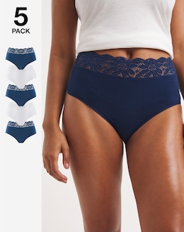 5 Pack Navy Lace Top Full Fit Briefs - Image