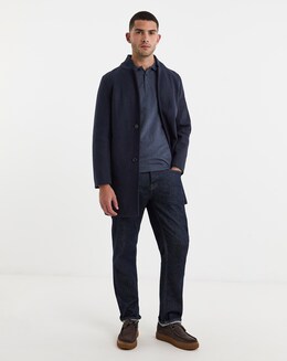 Navy Faux Wool Turn Up Collar Coat - Image