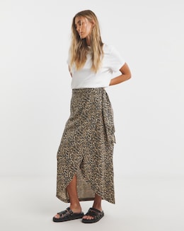 Linen Mix Wrap Midi Skirt - Image