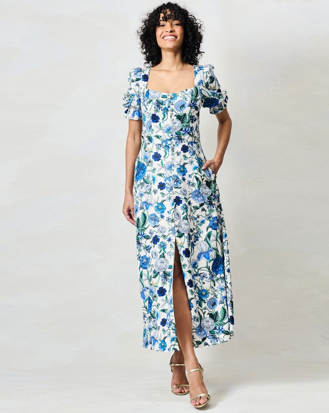 blue and white polka dot midi dress Wholesale Blue Polka Dot Spaghetti Strap Slit Hem Midi Dress-Missy main image 1