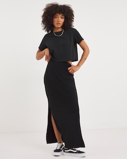 Black Side Split Jersey Maxi Skirt - Image