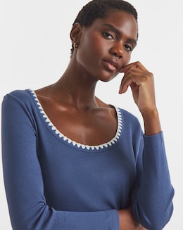 Scallop Neck Long Sleeve Rib Top - Image