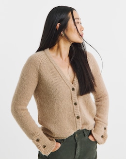 FRILL SLEEVE FLUFFY YARN CARDIGAN - Image