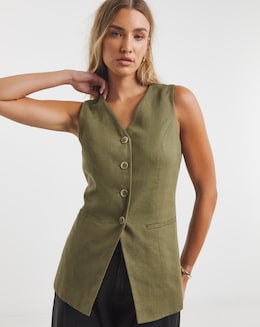 Simply Be Khaki Linen Blend Waistcoat - Image