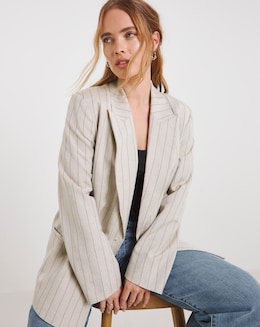 Simply Be Neutral Linen Blend Pinstripe Co-ord Blazer