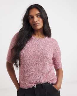 Simply Be Pink Tinsel Knitted Short Sleeve Jumper