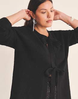 Simply Be Cosy Yarn Black Tie Front Bow Cardigan