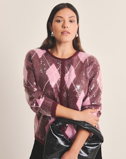Simply Be Argyle Crew Neck Clear Sequin Cardigan