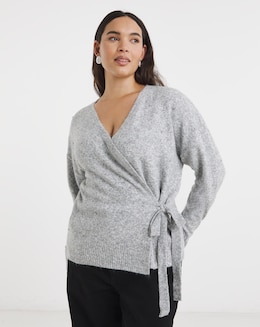 Simply Be Brushed Yarn Grey Marl Diamante Ballet Wrap Cardigan